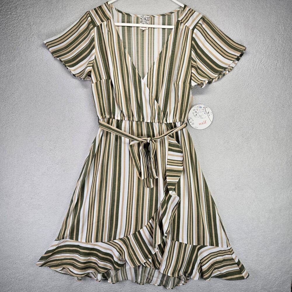 Naif Wrap Mini Dress Womens Medium V Neck Tie Waist Flounce Hem Stripped New